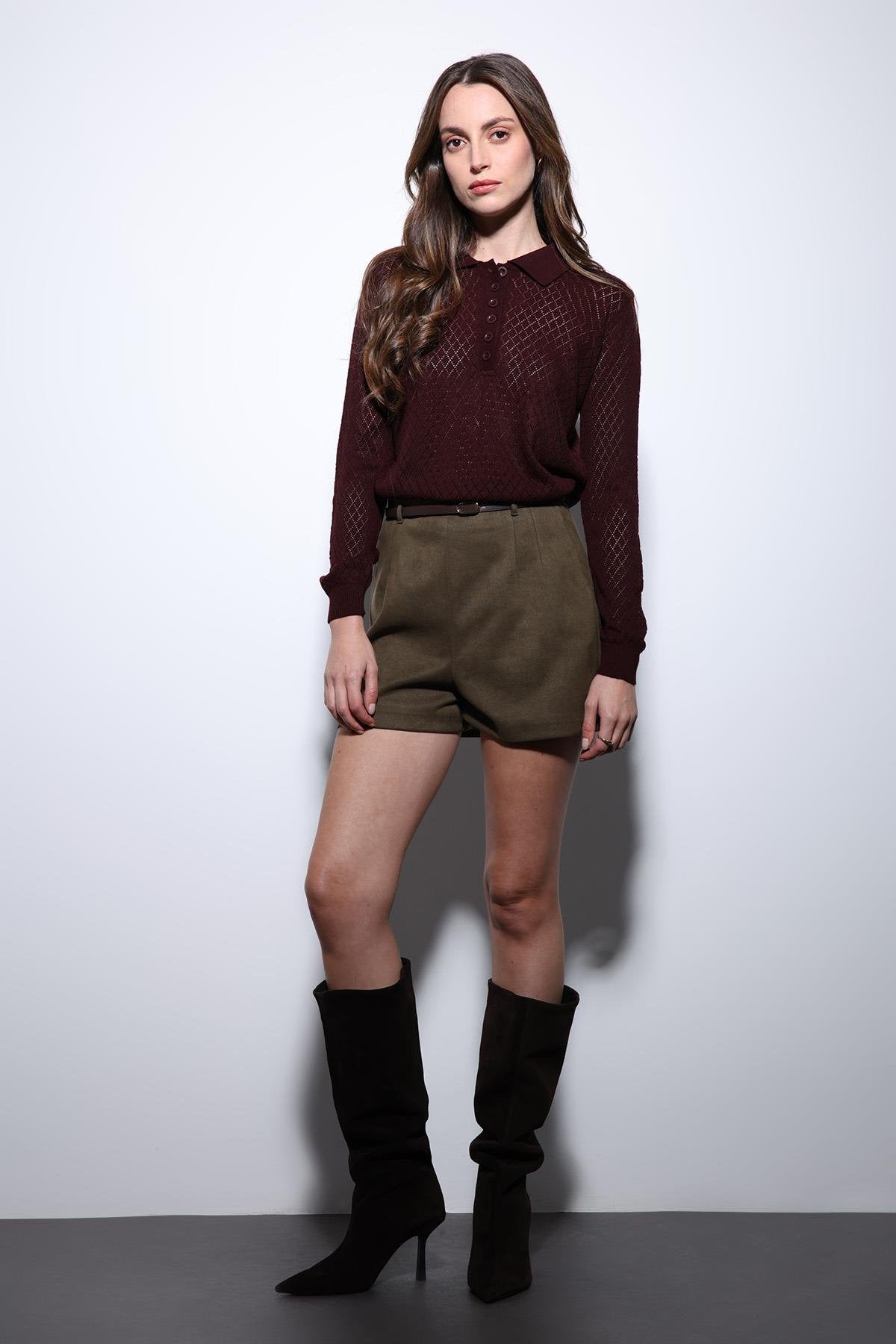 Antioch-Bordo Polo Yaka Desenli Triko Kadın Kazak-Kazak-2-Milagron.com