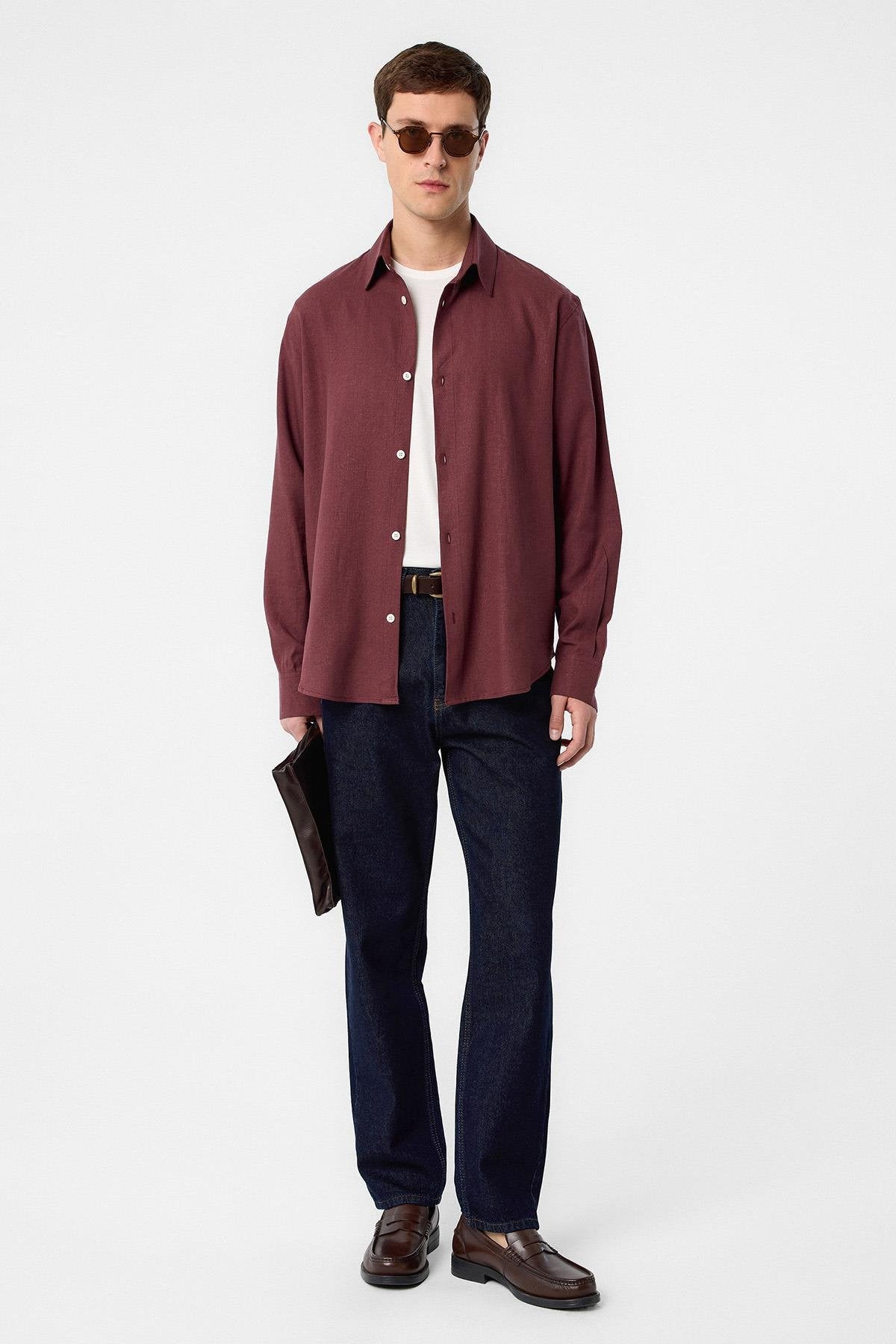 Antioch-Bordo Relax Fit Keten Karışımlı Erkek Gömlek-Gömlek-4-Milagron.com