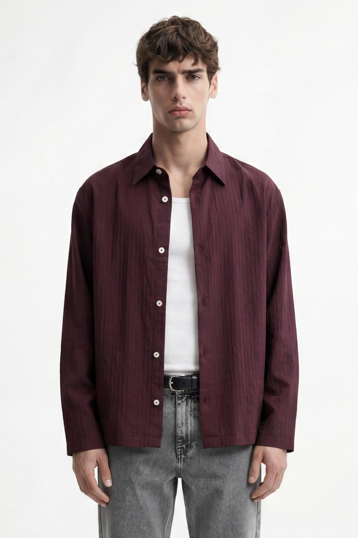 Antioch Bordo Relaxed Fit Çizgili Erkek Gömlek