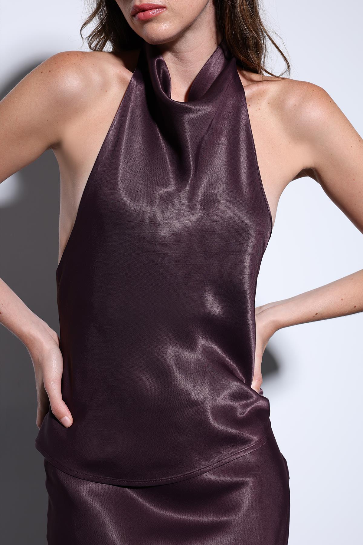 Antioch-Antioch Bordo Saten Halter Kadın Top-Top-4-Milagron.com