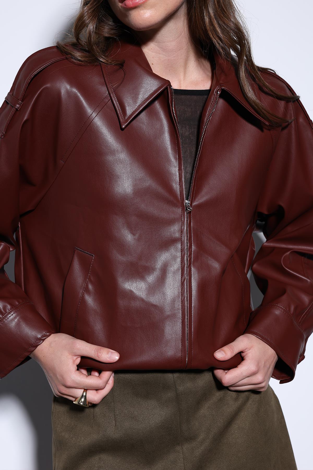 Antioch-Antioch Bordo Suni Deri Bomber Ceket-Ceket-5-Milagron.com