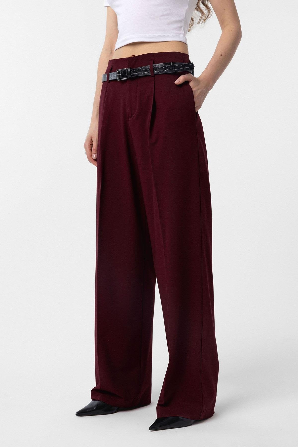 Antioch-Bordo Yüksek Bel Pilili Kadın Pantolon-Kumaş Pantolon-1-Milagron.com