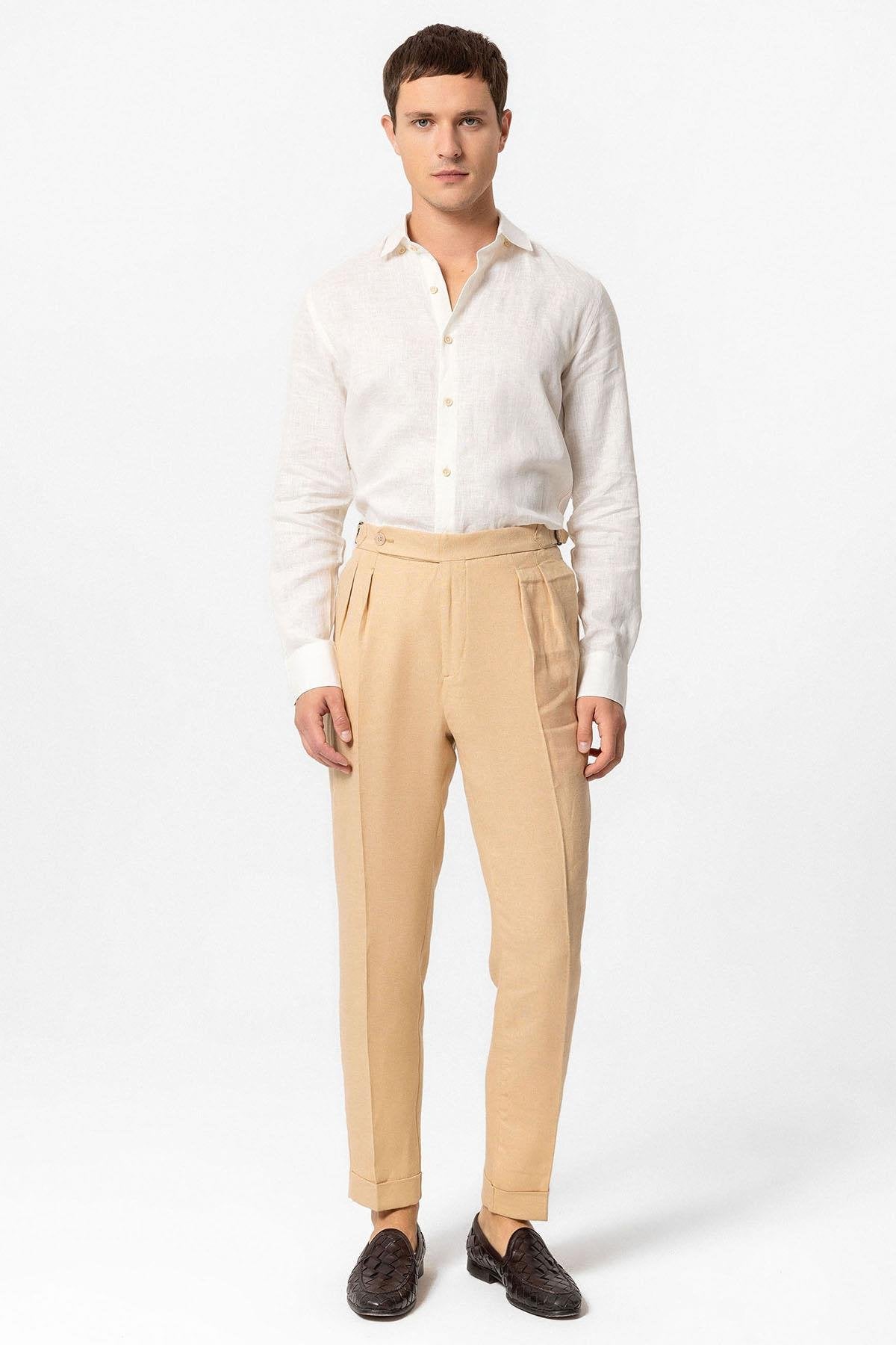 Antioch-Camel Yüksek Bel %100 Keten Pileli Erkek Pantolon-Kumaş Pantolon-2-Milagron.com