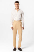 Antioch-Camel Yüksek Bel %100 Keten Pileli Erkek Pantolon-Kumaş Pantolon-2-Milagron.com