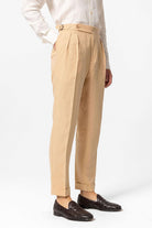 Antioch-Camel Yüksek Bel %100 Keten Pileli Erkek Pantolon-Kumaş Pantolon-3-Milagron.com