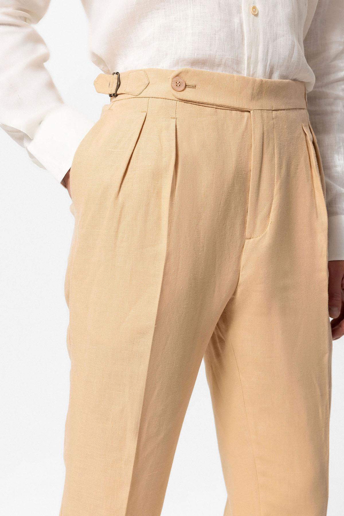 Antioch-Camel Yüksek Bel %100 Keten Pileli Erkek Pantolon-Kumaş Pantolon-4-Milagron.com