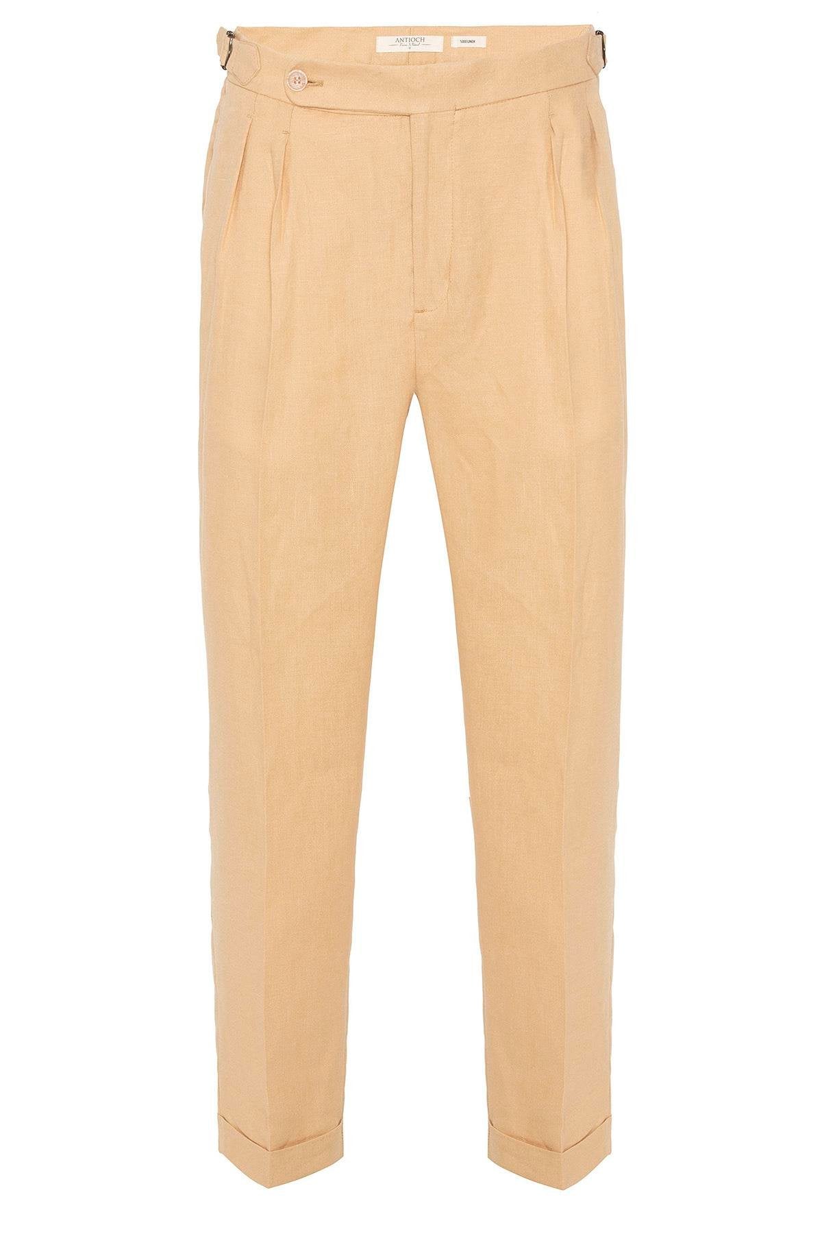 Antioch-Camel Yüksek Bel %100 Keten Pileli Erkek Pantolon-Kumaş Pantolon-6-Milagron.com