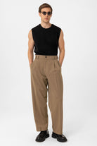 Antioch-Camel Yüksel Bel Relax Fit Pileli Erkek Pantolon-Kumaş Pantolon-2-Milagron.com