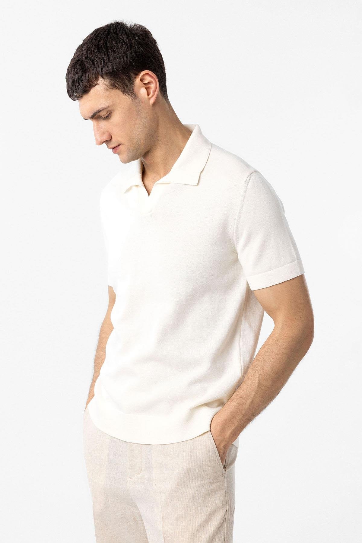 Antioch-Ekru 100% Pamuk Apaş Yaka Triko T Shirt-T-Shirts-1-Milagron.com