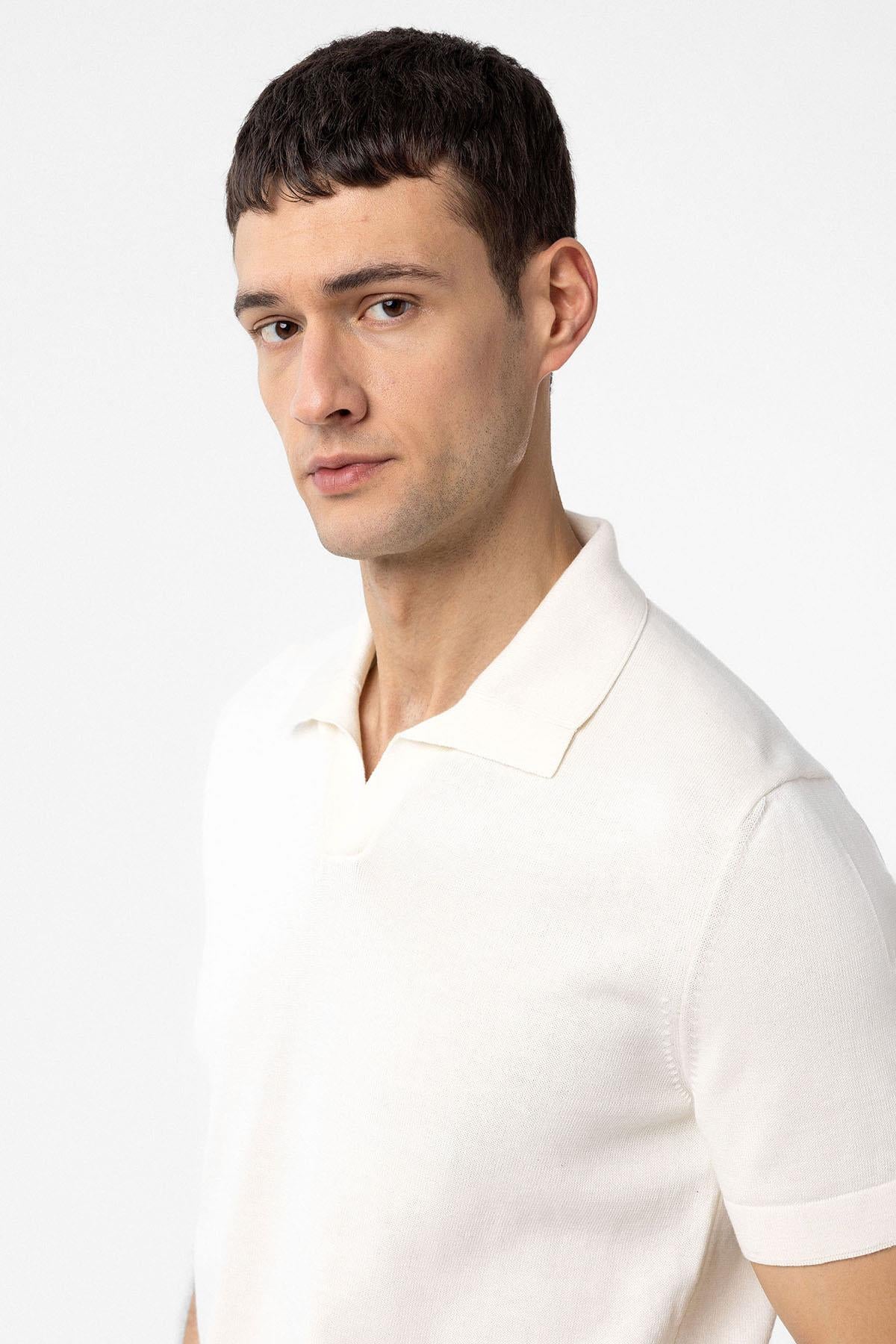 Antioch-Ekru 100% Pamuk Apaş Yaka Triko T Shirt-T-Shirts-3-Milagron.com