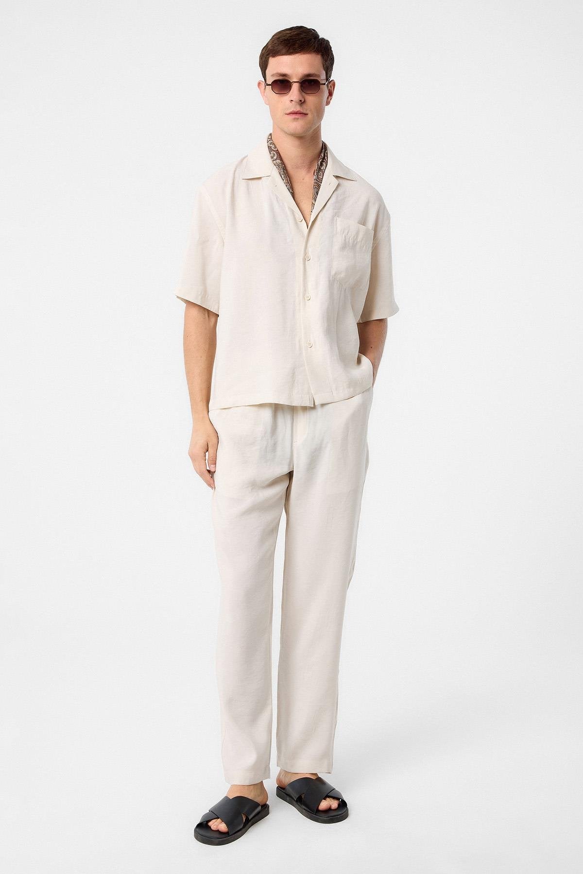 Antioch-Antioch Ekru Apaş Yaka Modal Kumaş Erkek Gömlek-Gömlek-1-Milagron.com