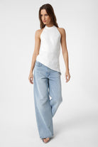 Antioch-Ekru Asimetrik Saten Sırt Dekolteli Kadın Top-Top-2-Milagron.com