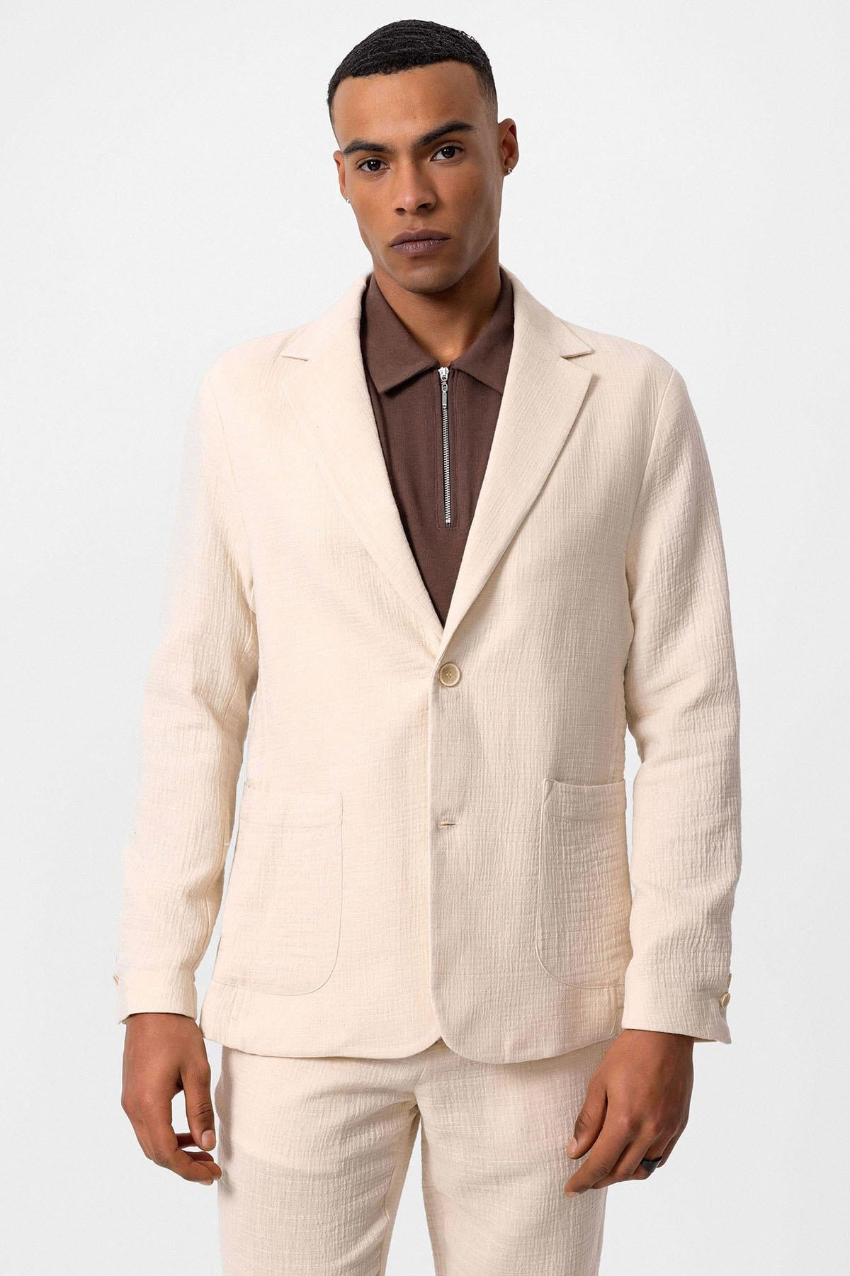 Antioch Ekru Astarsız Torba Cepli Erkek Blazer Ceket