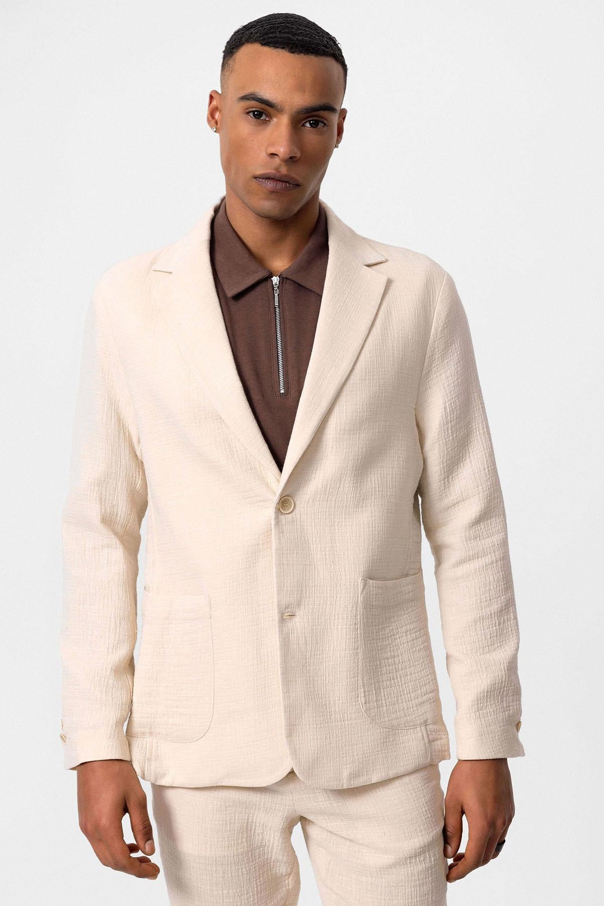 Antioch Ekru Astarsız Torba Cepli Erkek Blazer Ceket