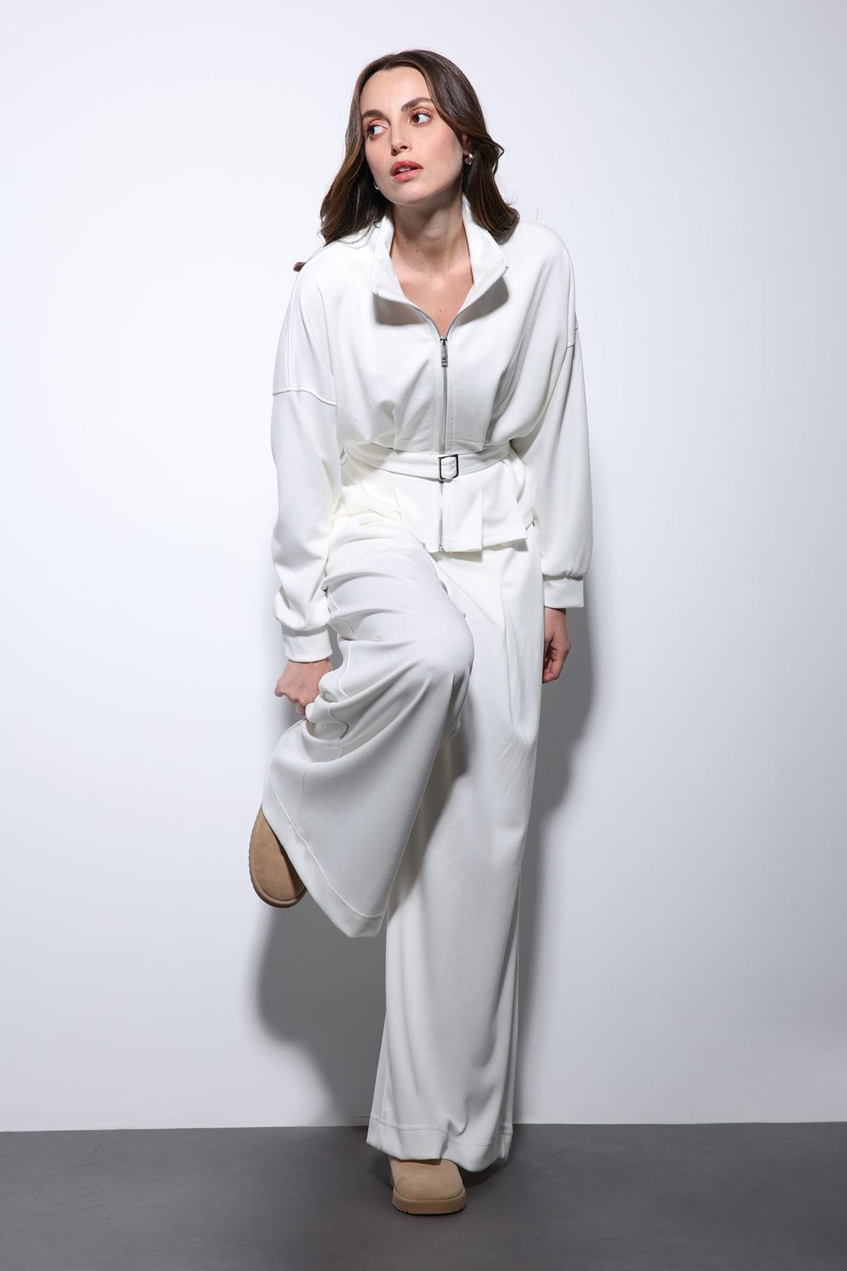 Antioch-Ekru Bel Kemerli Geniş Paça Pantolonlu Takım-Takım-3-Milagron.com