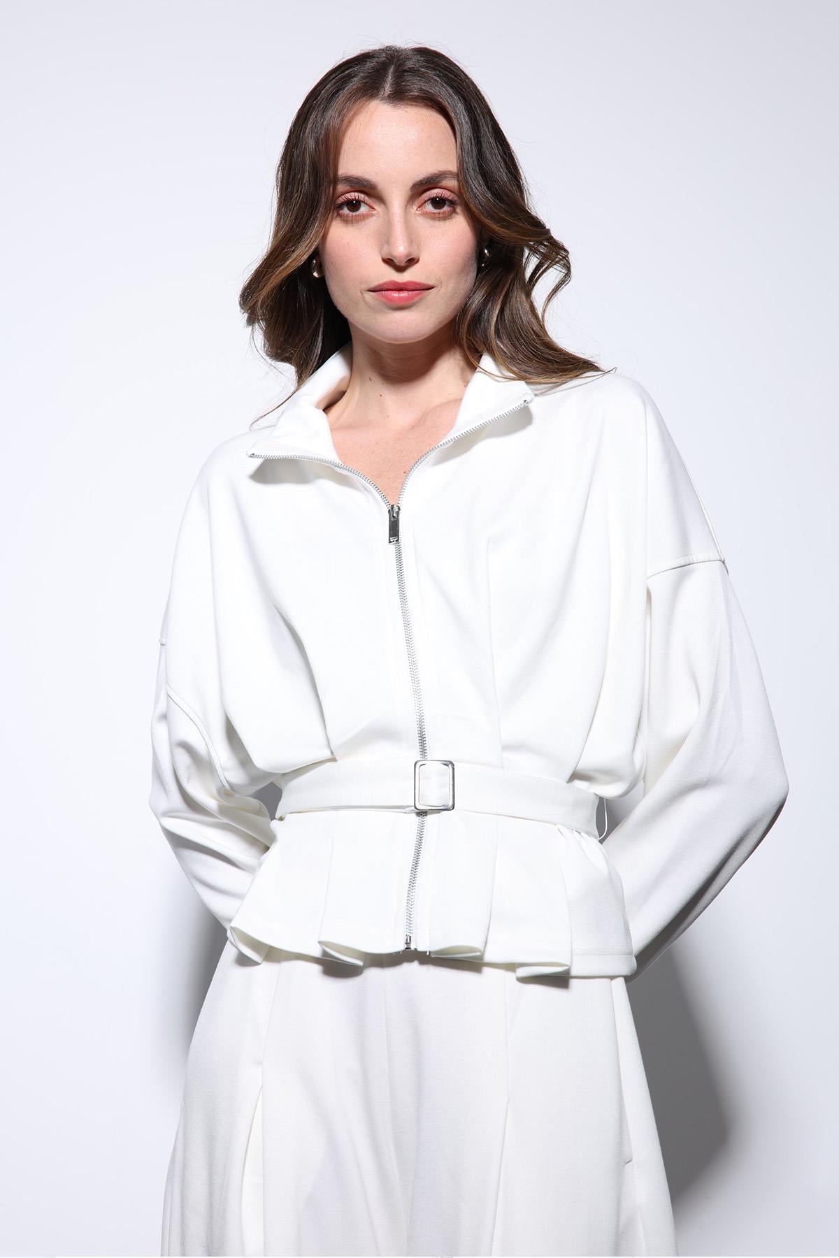 Antioch-Ekru Bel Kemerli Geniş Paça Pantolonlu Takım-Takım-4-Milagron.com