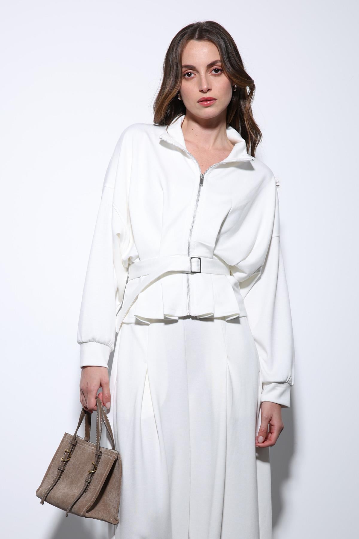 Antioch-Ekru Bel Kemerli Geniş Paça Pantolonlu Takım-Takım-6-Milagron.com