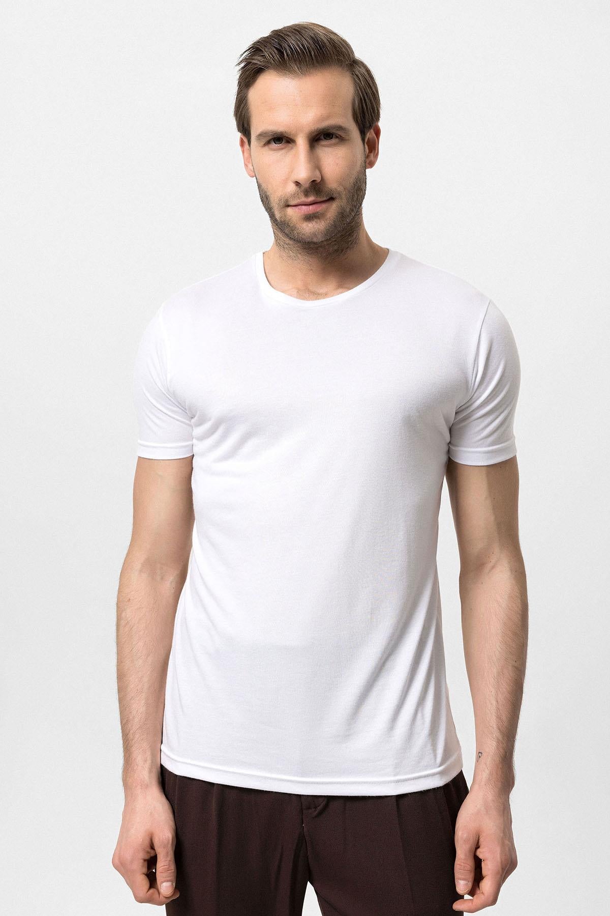 Antioch-Ekru Bisiklet Yaka Slim Fit Erkek T Shirt-T-Shirts-1-Milagron.com