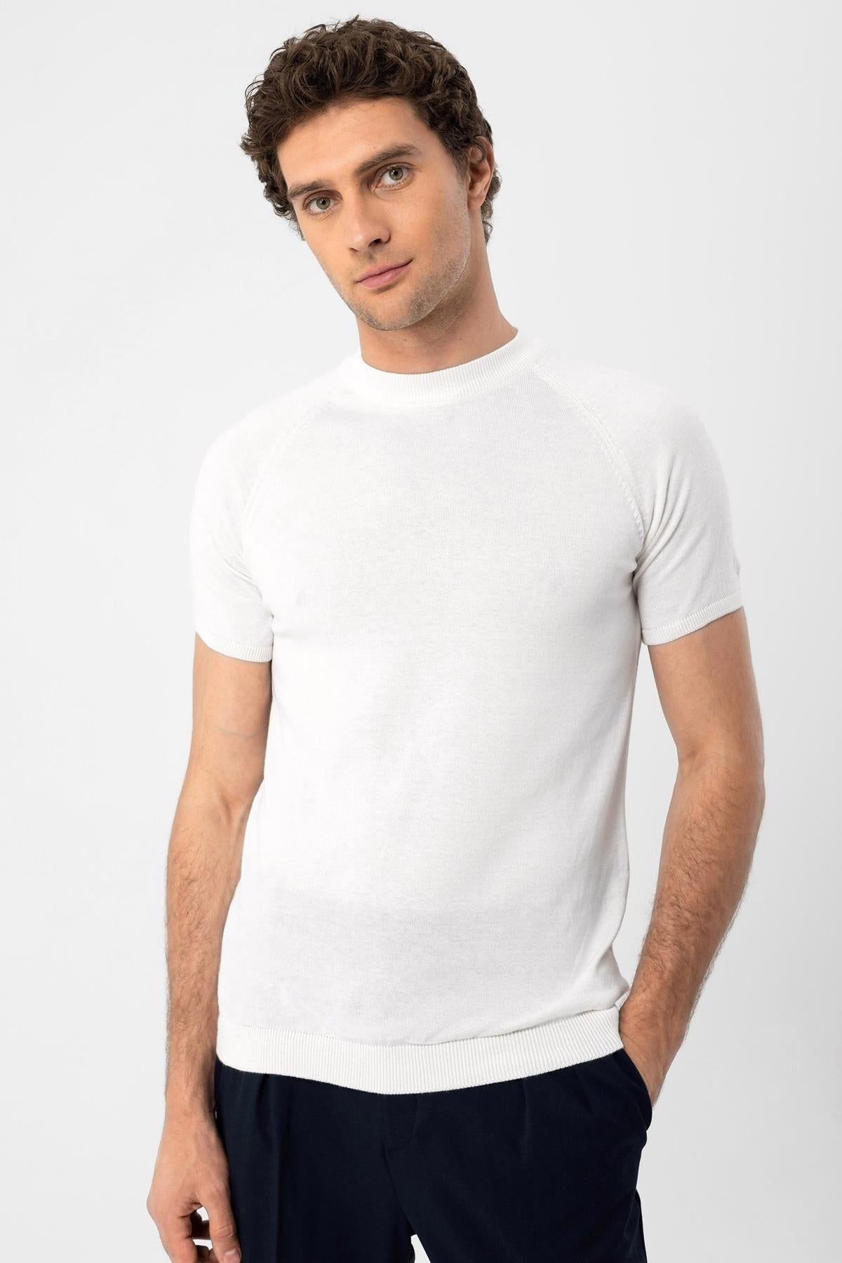 Ekru Bisiklet Yaka Triko T-Shirt - 0