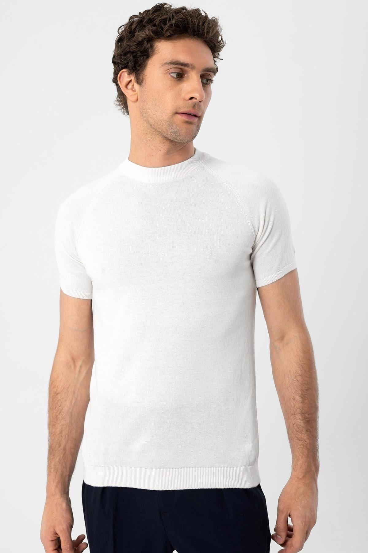 Ekru Bisiklet Yaka Triko T-Shirt - 2