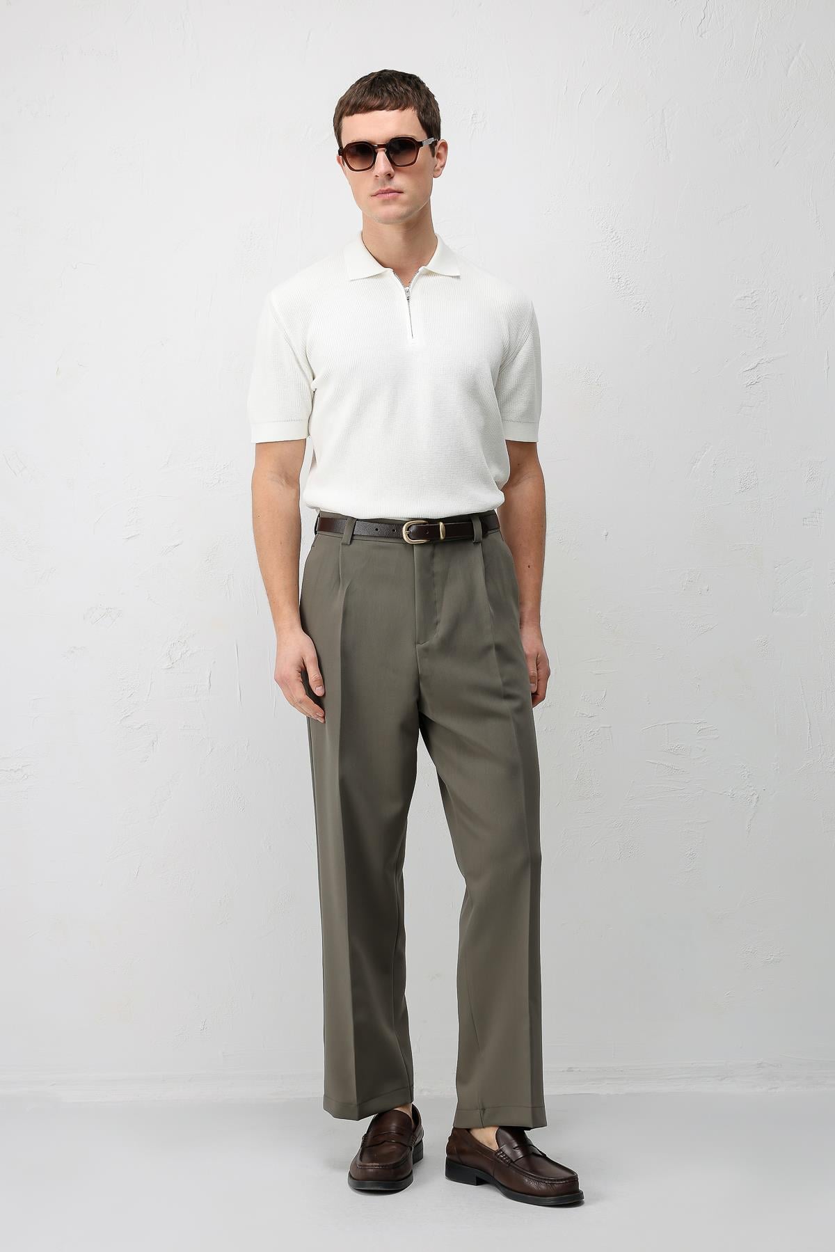 Antioch Ekru Comfort Slim Fermuarlı Erkek Triko T-Shirt