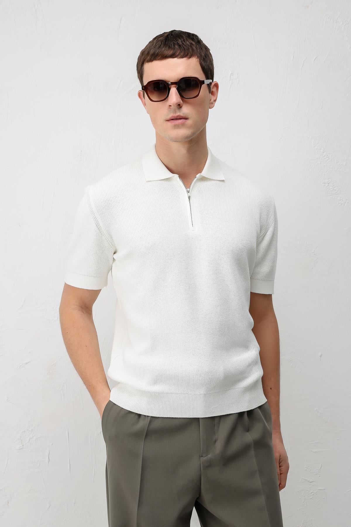 Antioch Ekru Comfort Slim Fermuarlı Erkek Triko T-Shirt