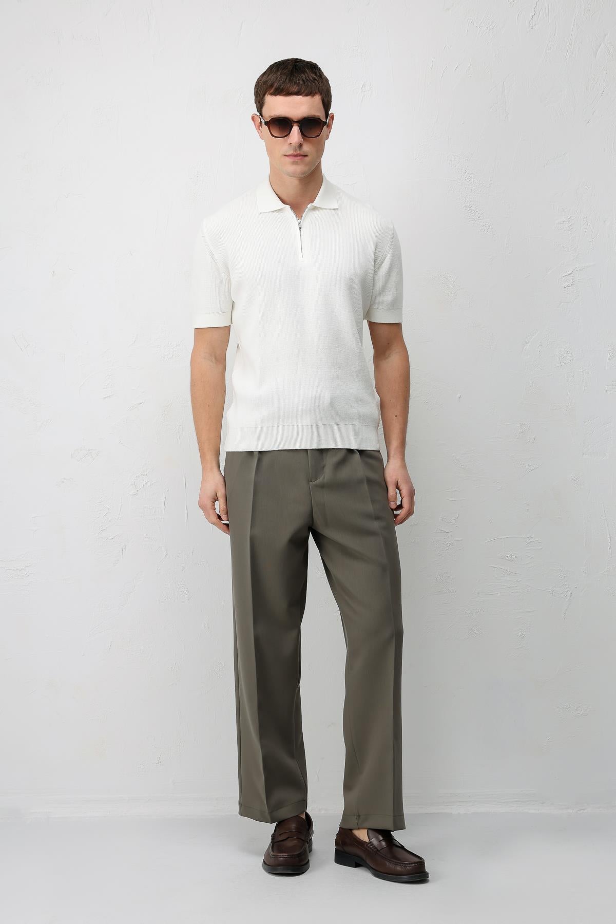 Antioch Ekru Comfort Slim Fermuarlı Erkek Triko T-Shirt