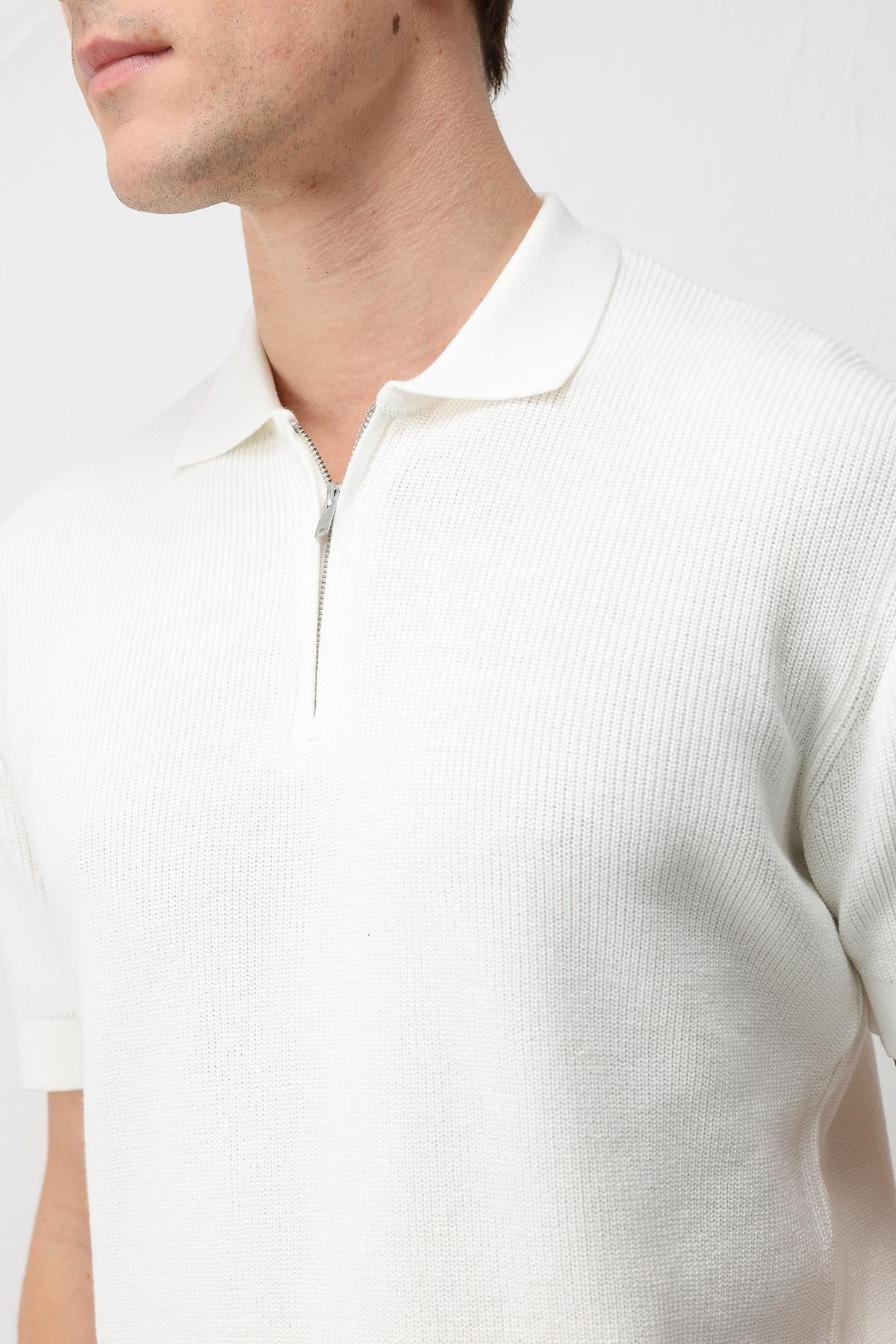 Antioch Ekru Comfort Slim Fermuarlı Erkek Triko T-Shirt