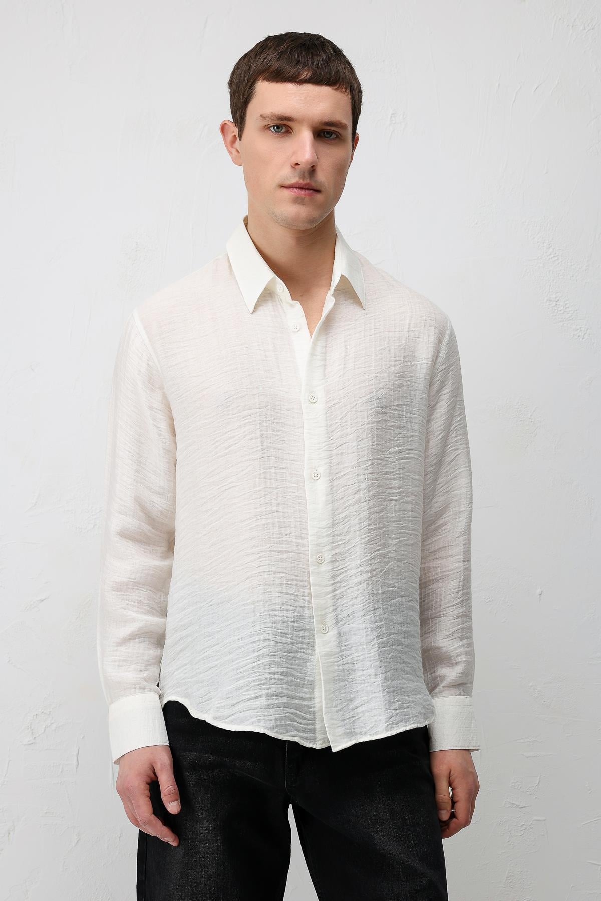 Antioch Ekru Crinkled Relax Fit Erkek Gömlek