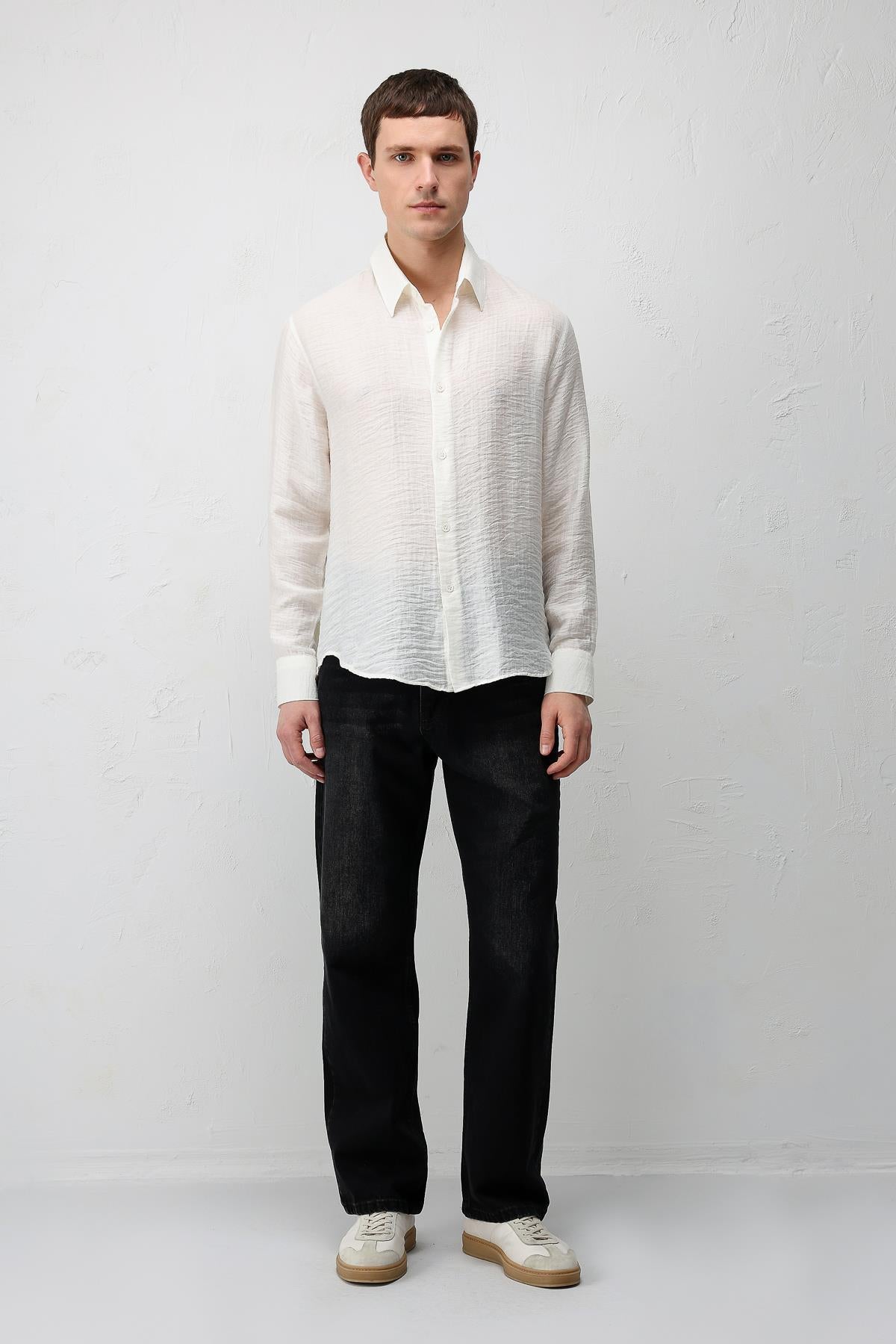 Antioch Ekru Crinkled Relax Fit Erkek Gömlek