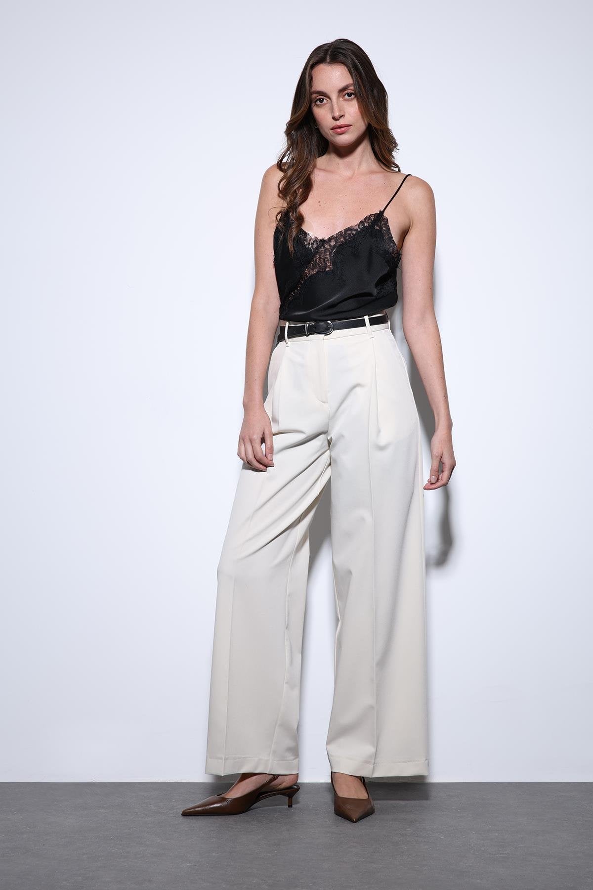 Antioch-Antioch Ekru Geniş Paça Kadın Pantolon-Kumaş Pantolon-1-Milagron.com