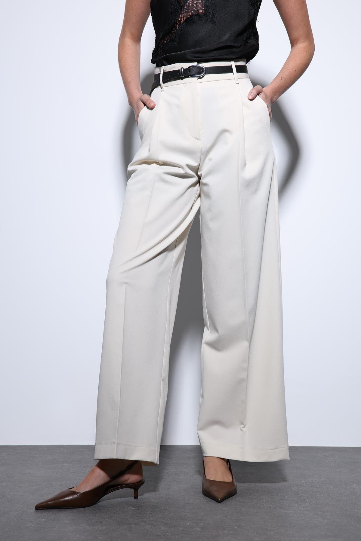 Antioch-Antioch Ekru Geniş Paça Kadın Pantolon-Kumaş Pantolon-2-Milagron.com