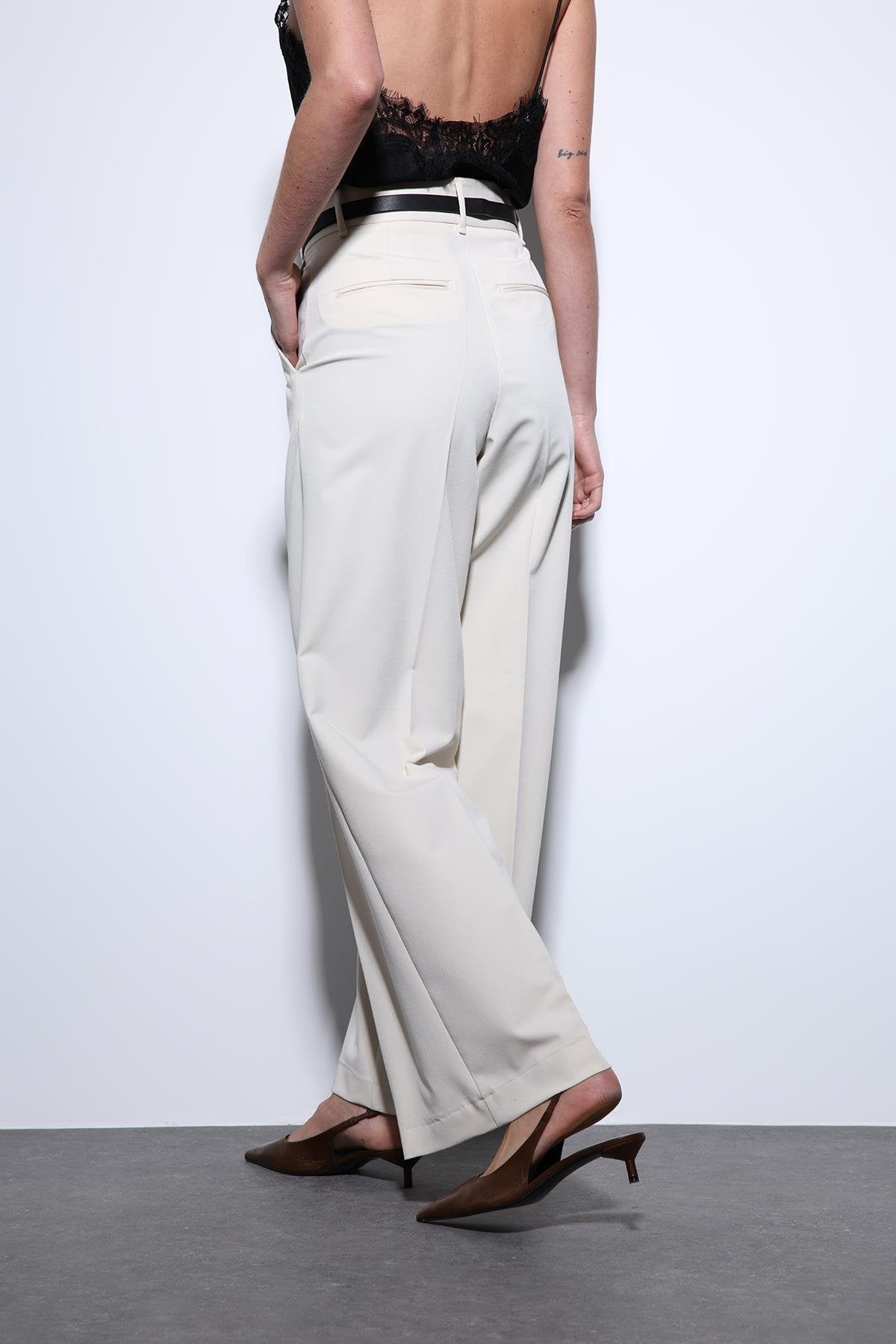 Antioch-Antioch Ekru Geniş Paça Kadın Pantolon-Kumaş Pantolon-6-Milagron.com