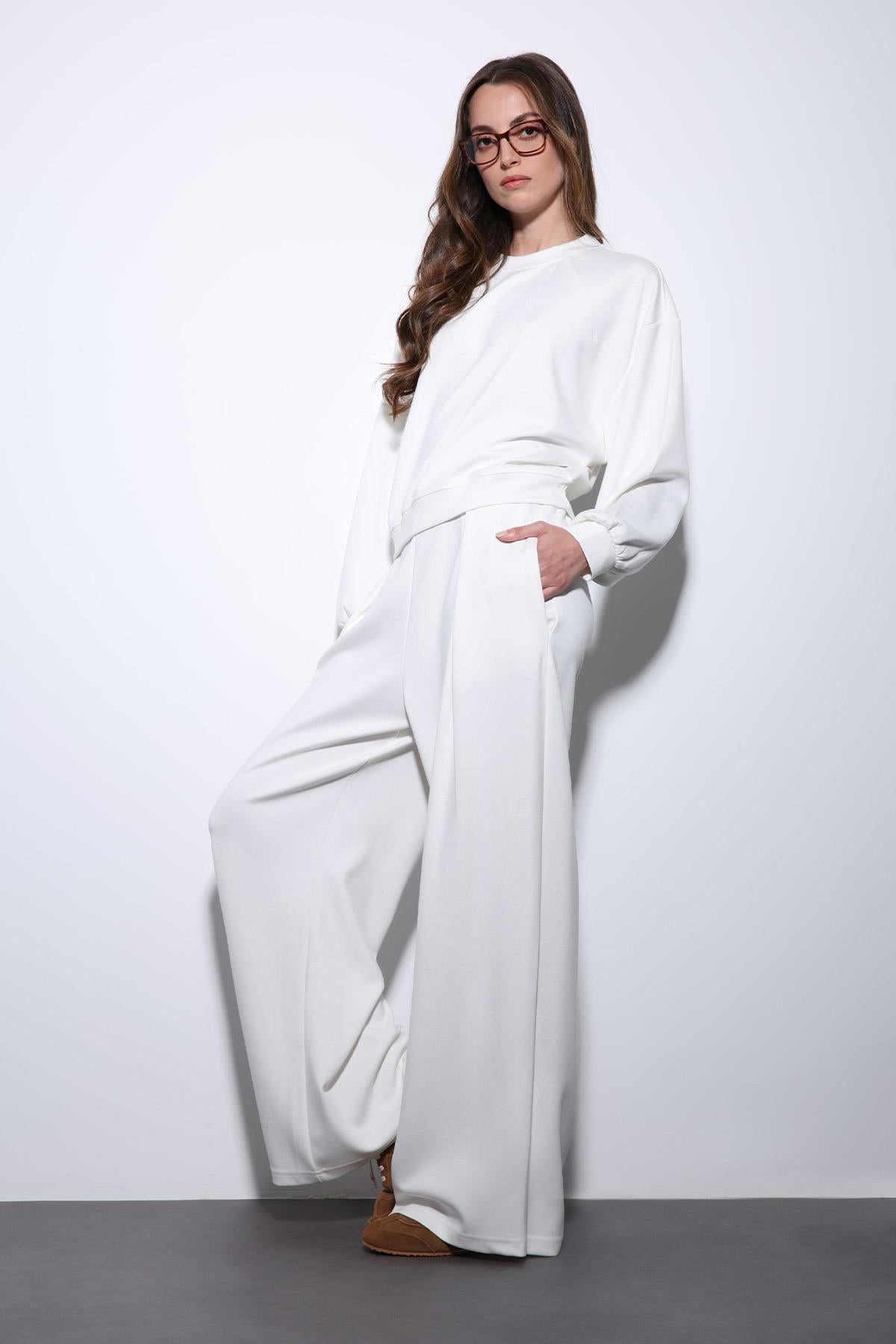 Antioch-Ekru Geniş Paça Relaxed Kadın Takım-Takım-3-Milagron.com
