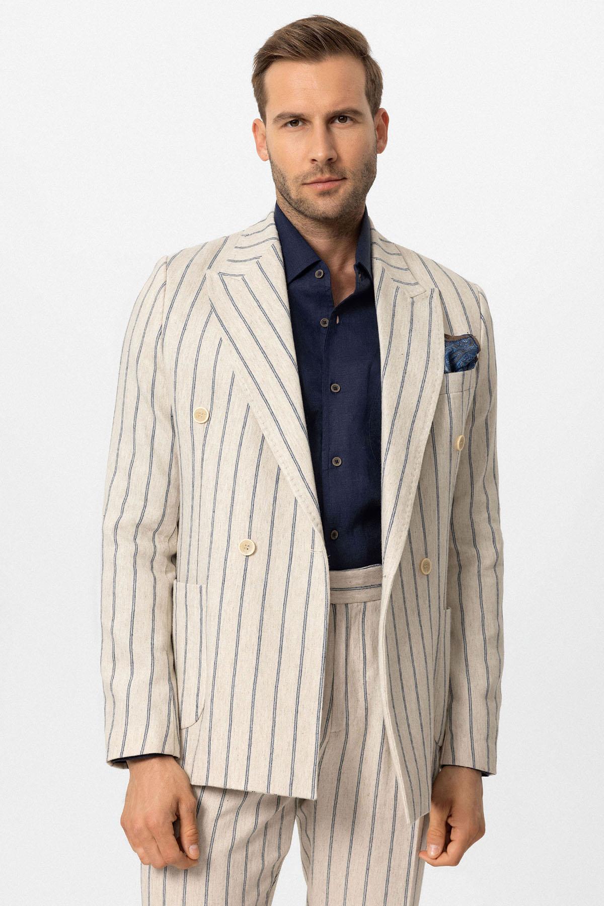 Antioch-Ekru Indigo Keten Karışımlı Kruvaze Kapama Erkek Blazer Ceket-Blazer Ceket-1-Milagron.com