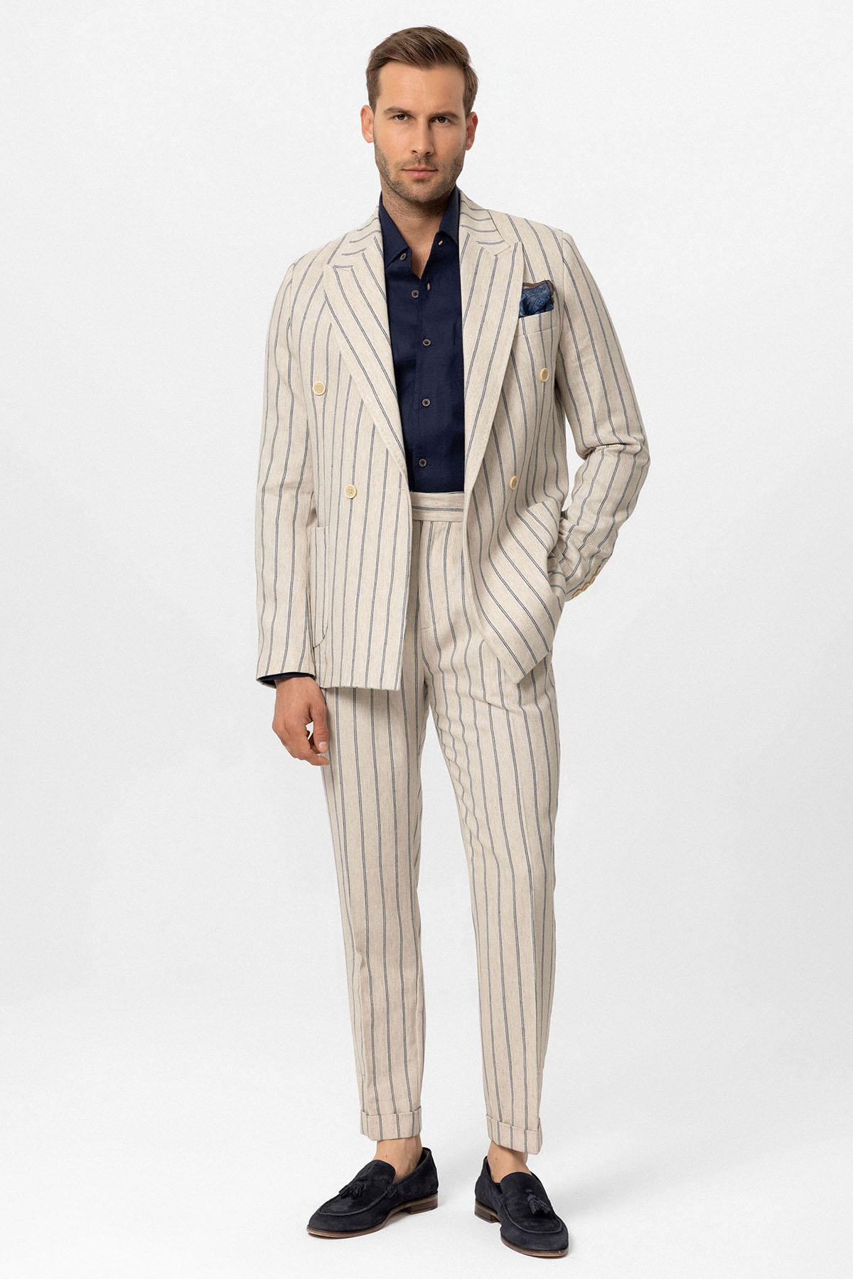 Antioch-Ekru Indigo Keten Karışımlı Kruvaze Kapama Erkek Blazer Ceket-Blazer Ceket-2-Milagron.com