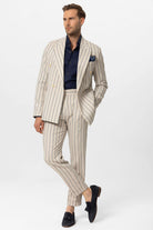 Antioch-Ekru Indigo Keten Karışımlı Kruvaze Kapama Erkek Blazer Ceket-Blazer Ceket-3-Milagron.com