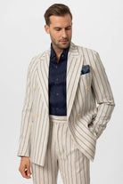 Antioch-Ekru Indigo Keten Karışımlı Kruvaze Kapama Erkek Blazer Ceket-Blazer Ceket-4-Milagron.com