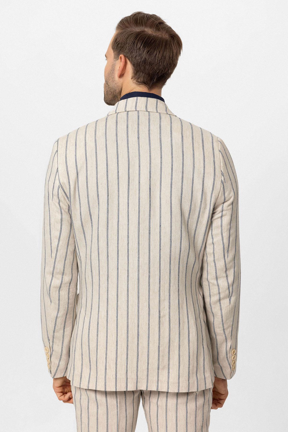 Antioch-Ekru Indigo Keten Karışımlı Kruvaze Kapama Erkek Blazer Ceket-Blazer Ceket-6-Milagron.com