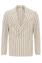 Antioch-Ekru Indigo Keten Karışımlı Kruvaze Kapama Erkek Blazer Ceket-Blazer Ceket-7-Milagron.com