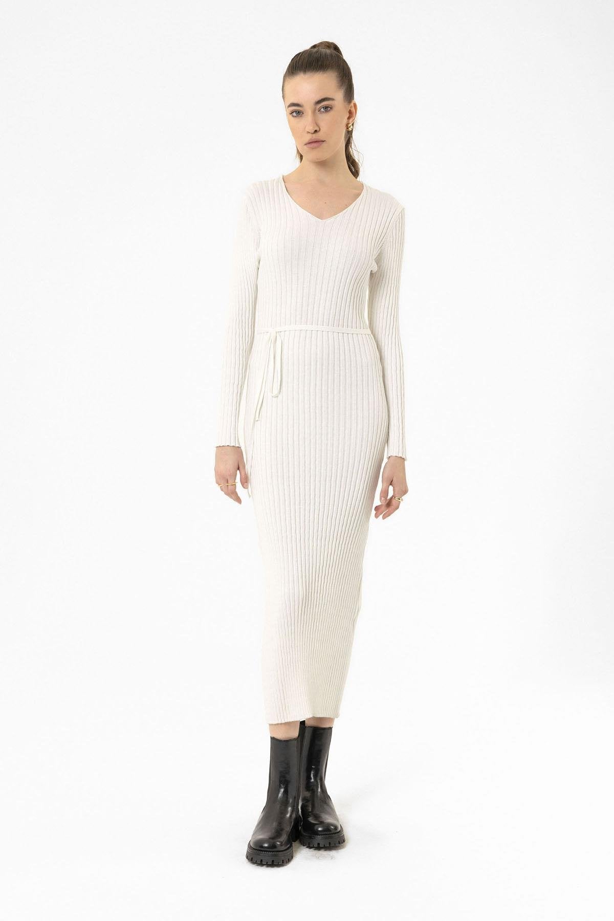 Antioch-Ekru Kadın Fitilli Midi Triko Elbise-Elbise-1-Milagron.com