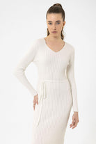 Antioch-Ekru Kadın Fitilli Midi Triko Elbise-Elbise-4-Milagron.com