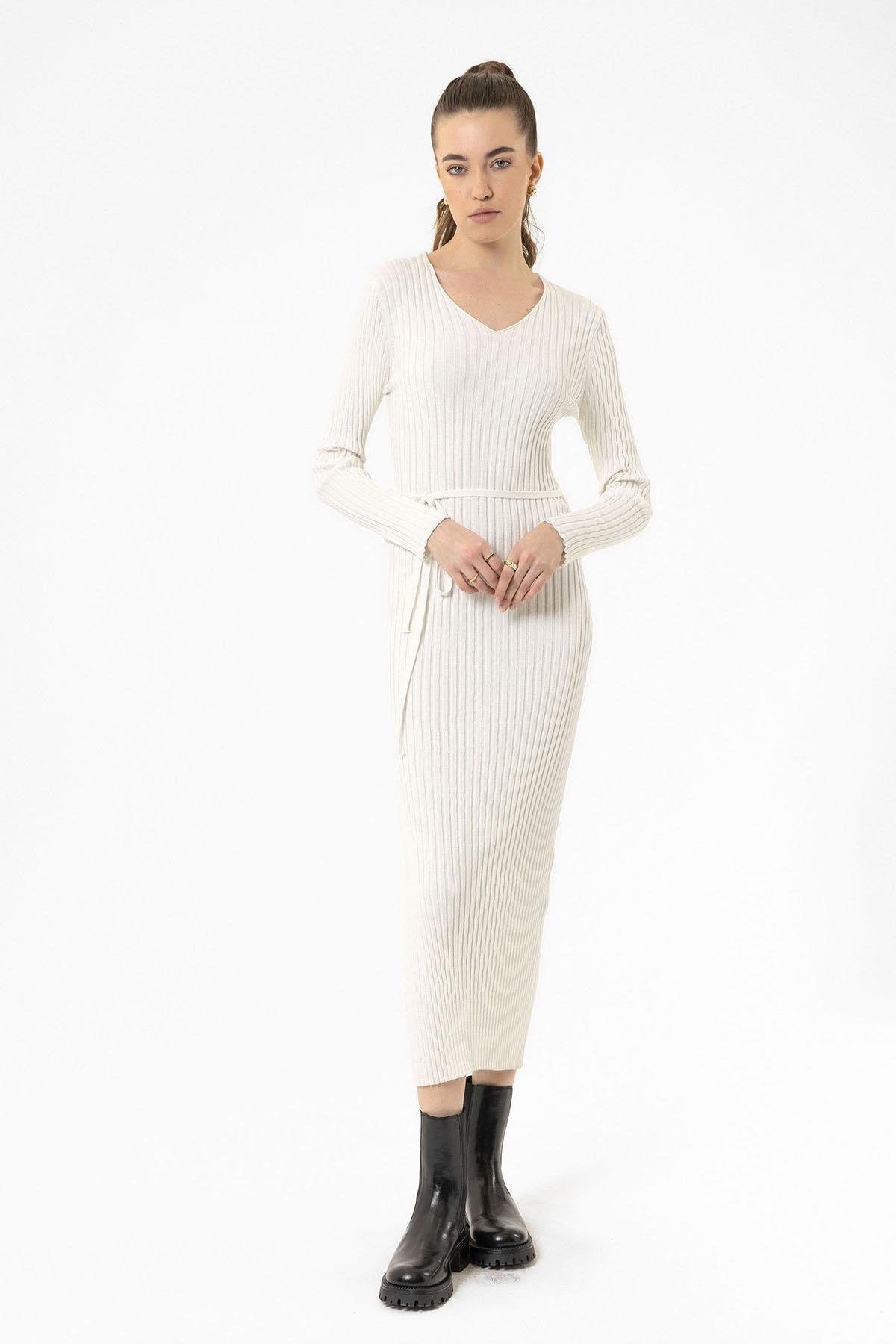 Antioch-Ekru Kadın Fitilli Midi Triko Elbise-Elbise-5-Milagron.com