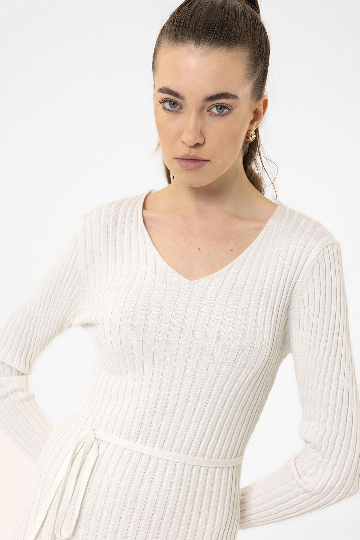 Antioch-Ekru Kadın Fitilli Midi Triko Elbise-Elbise-6-Milagron.com