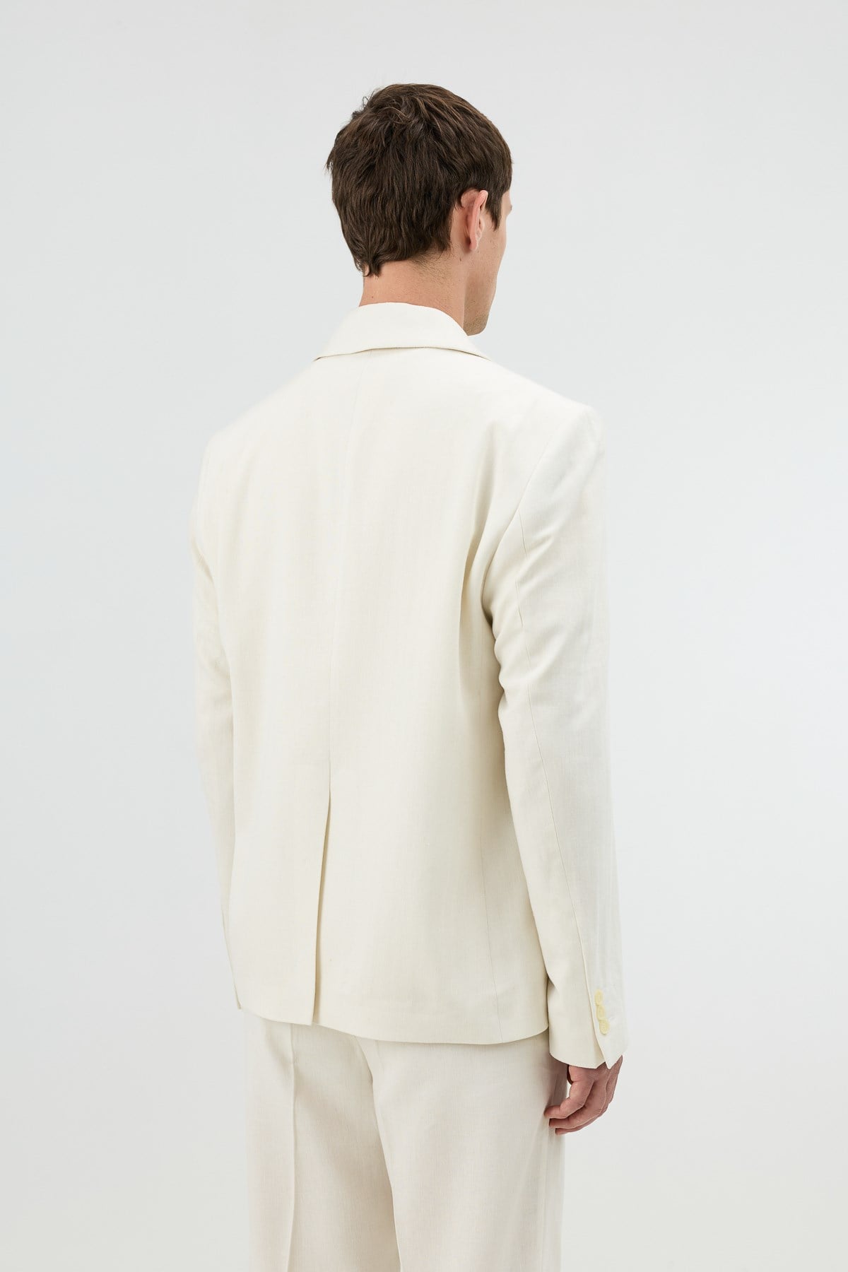 Antioch Ekru Keten Karışımlı Balıksırtı Desenli Erkek Blazer Ceket