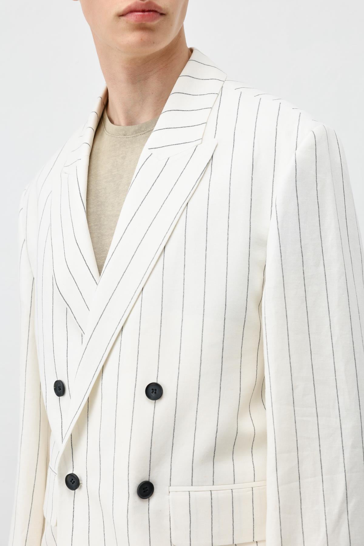 Antioch Ekru Keten Karışımlı Çizgili Erkek Blazer Ceket