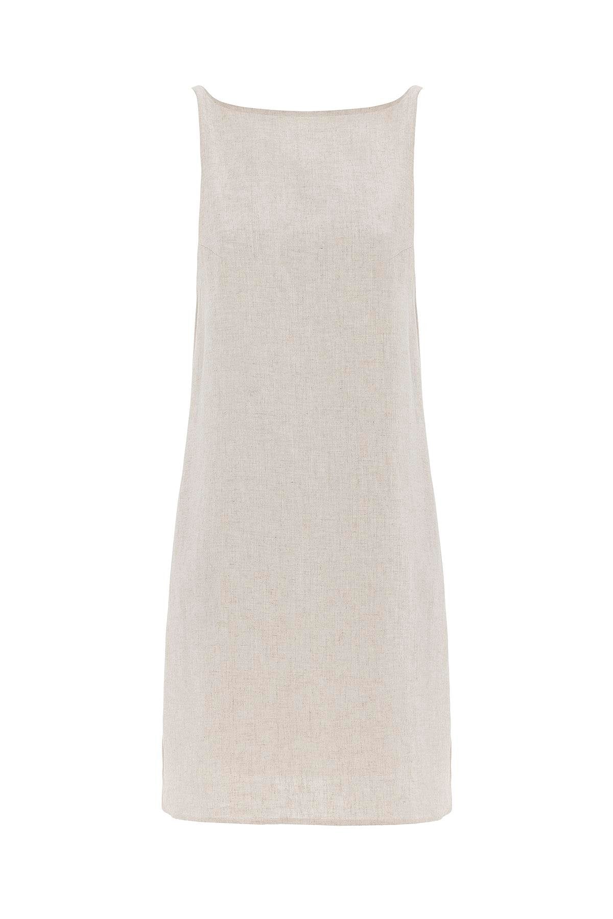 Antioch-Ekru Keten Karışımlı Kadın Mini Elbise-Elbise-6-Milagron.com