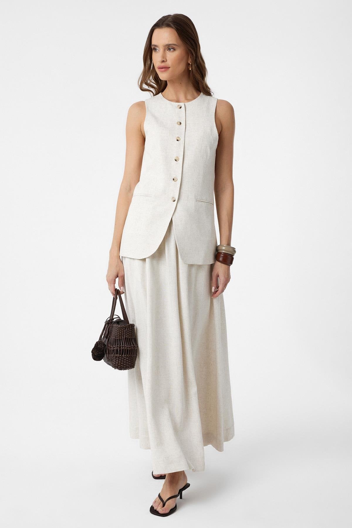 Antioch-Ekru Keten Karışımlı Kadın Uzun Etek-Etek-2-Milagron.com