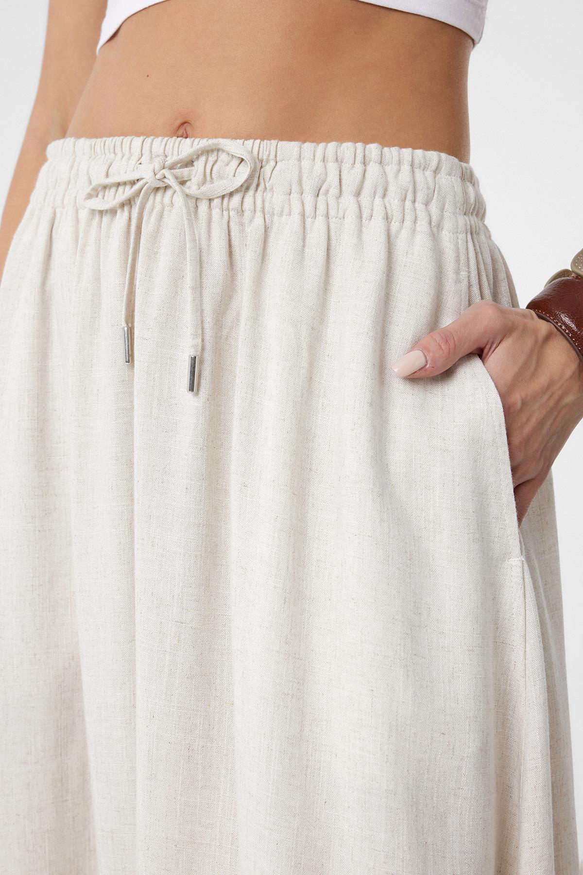 Antioch-Ekru Keten Karışımlı Kadın Uzun Etek-Etek-3-Milagron.com