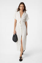 Antioch-Ekru Keten Karışımlı Kemerli Kadın Elbise-Elbise-2-Milagron.com